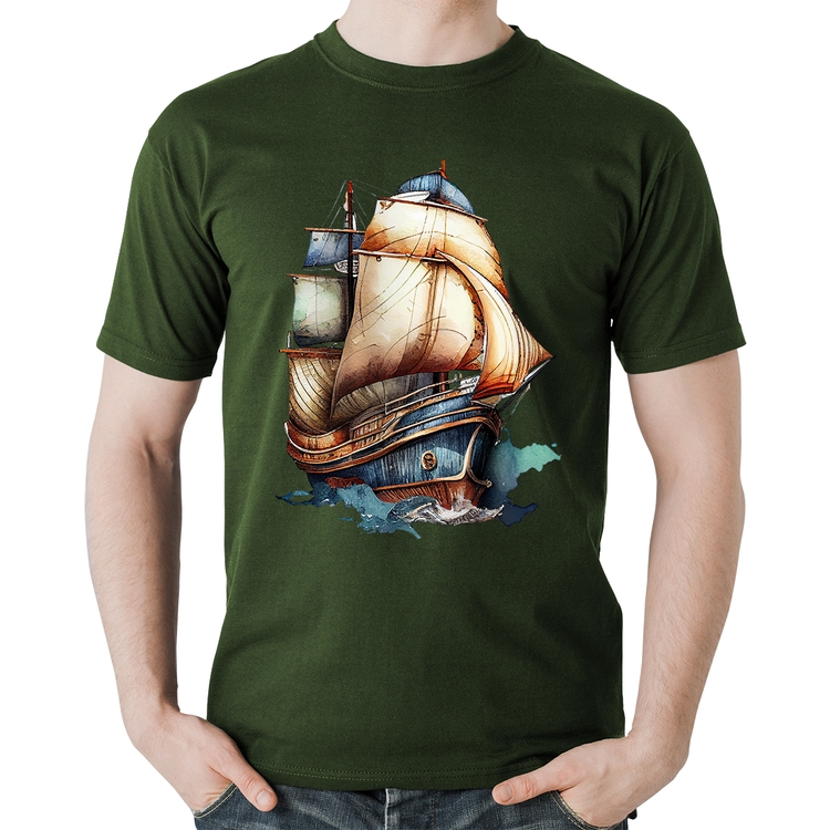 Camiseta Algodão Navio Vintage - Musgo