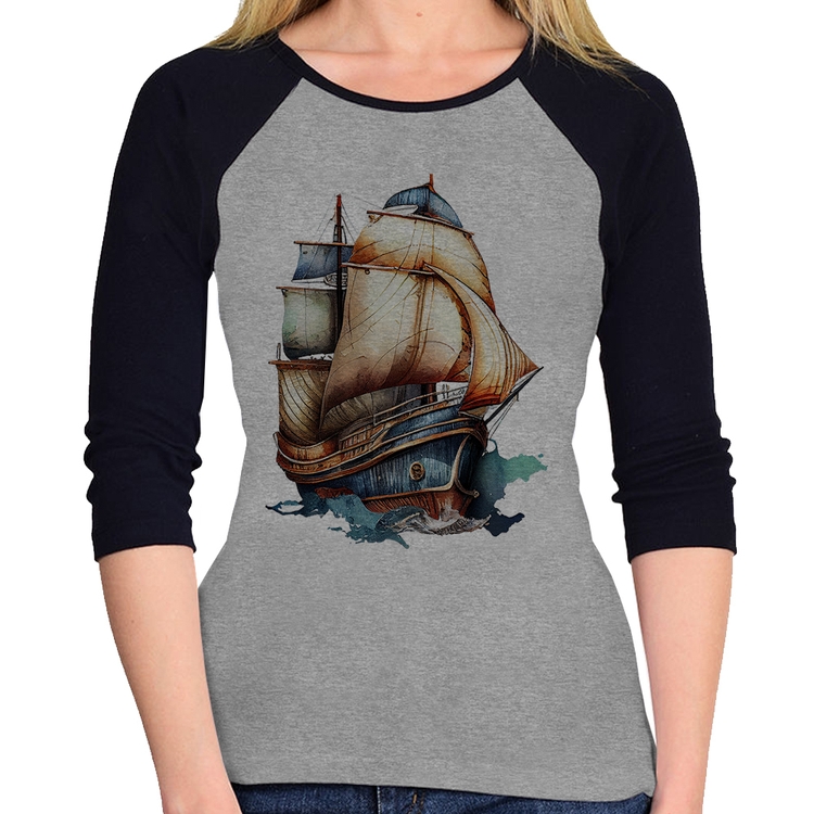 Baby Look Raglan Navio Vintage Manga 3/4 - Cinza/Preto