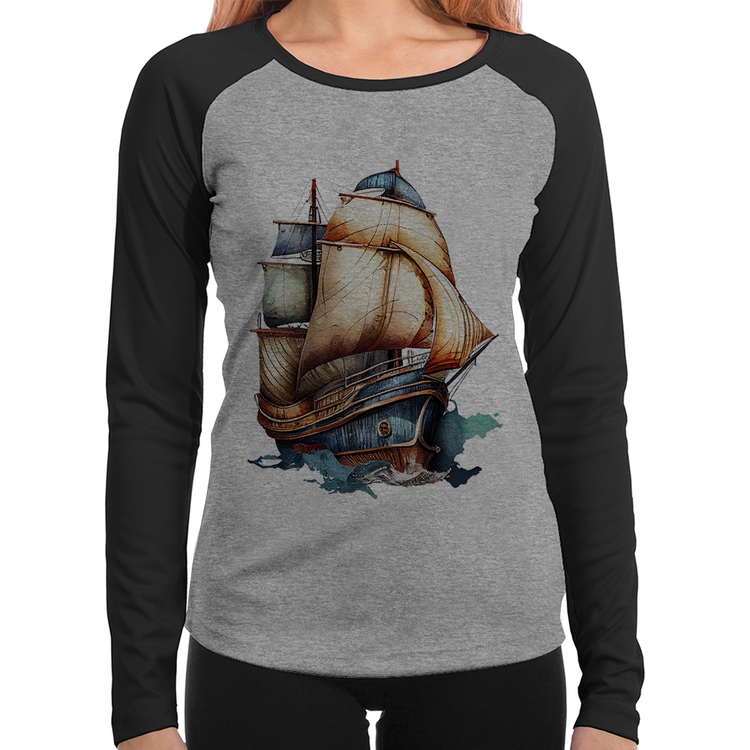 Baby Look Raglan Navio Vintage Manga Longa - Cinza/Preto