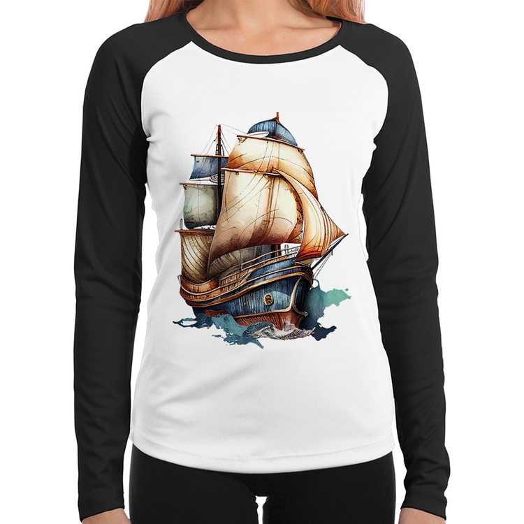 Baby Look Raglan Navio Vintage Manga Longa