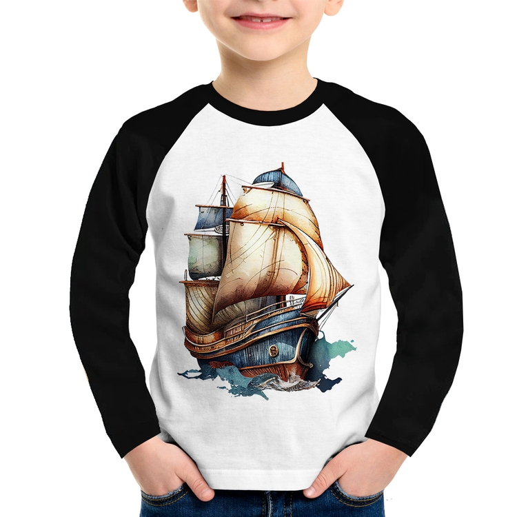 Camiseta Raglan Infantil Navio Vintage Manga Longa
