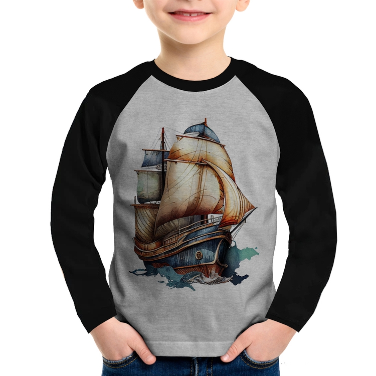 Camiseta Raglan Infantil Navio Vintage Manga Longa - Cinza/Preto