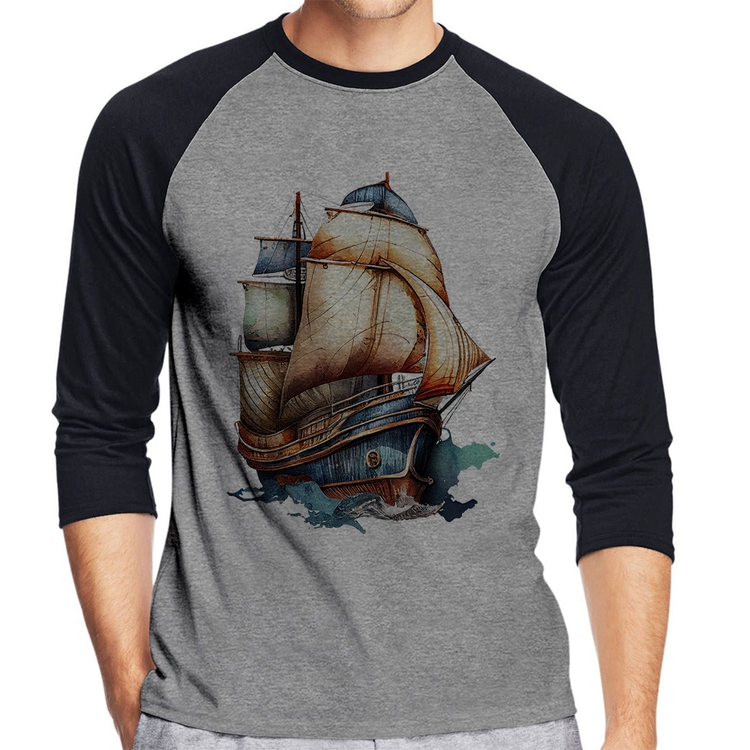 Camiseta Raglan Navio Vintage Manga 3/4 - Cinza/Preto
