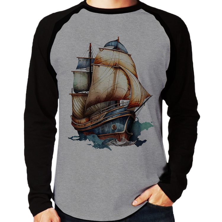 Camiseta Raglan Navio Vintage Manga Longa - Cinza/Preto