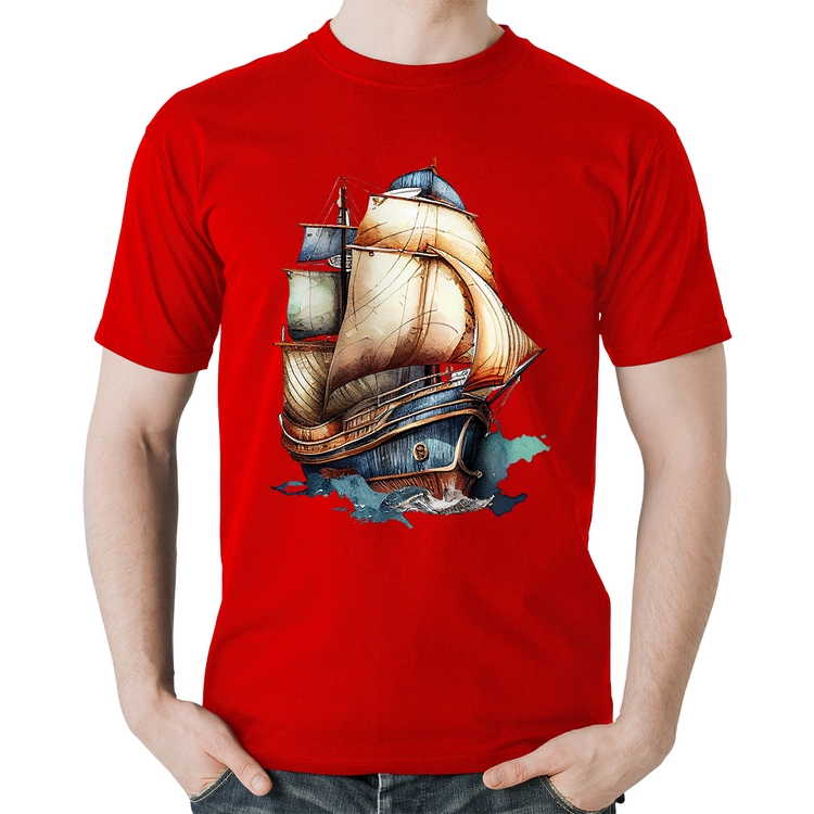 Camiseta Algodão Navio Vintage - Vermelha