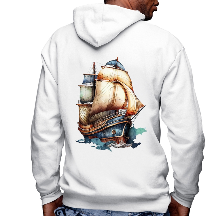 Blusa Moletom Navio Vintage Masculina com Capuz e Zíper - Branca