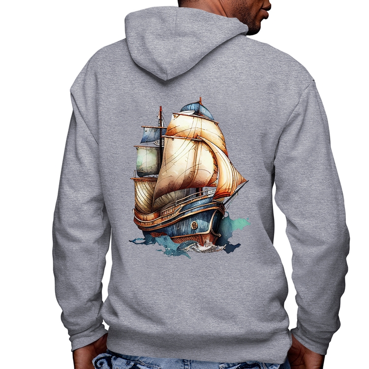 Blusa Moletom Navio Vintage Masculina com Capuz e Zíper - Mescla