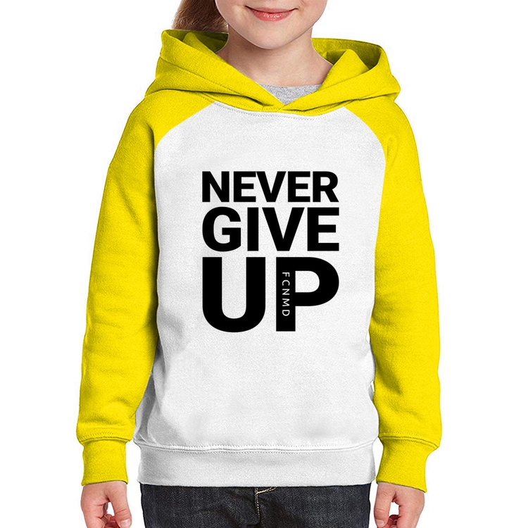 Moletom Infantil Never give up - Branco/Amarelo