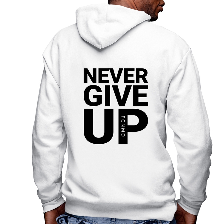 Blusa Moletom Never give up Masculina com Capuz e Zíper - Branca