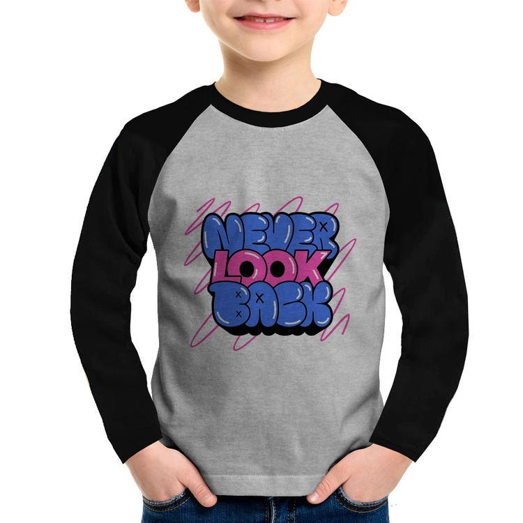 Camiseta Raglan Infantil Never look back Manga Longa - Cinza/Preto