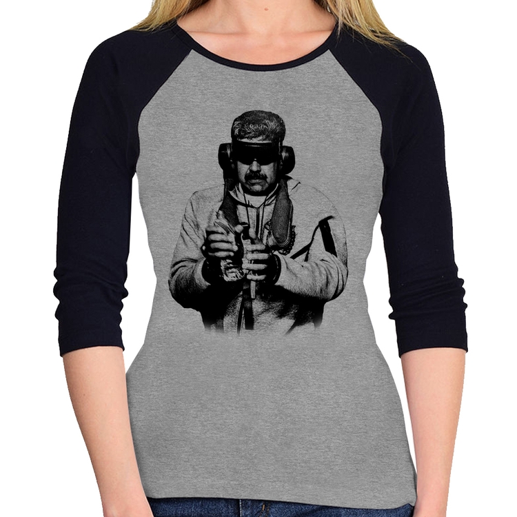 Baby Look Raglan Nicolás Maduro Preso Manga 3/4 - Cinza/Preto