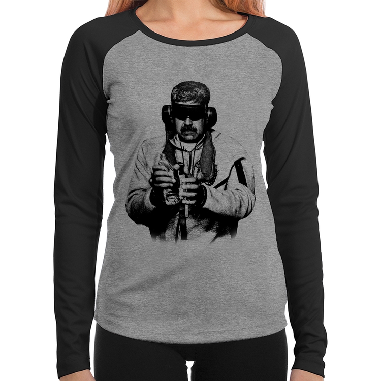 Baby Look Raglan Nicolás Maduro Preso Manga Longa - Cinza/Preto