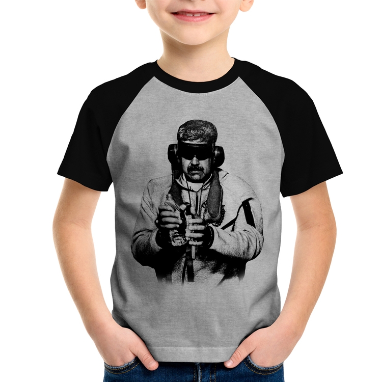 Camiseta Raglan Infantil Nicolás Maduro Preso - Cinza/Preto