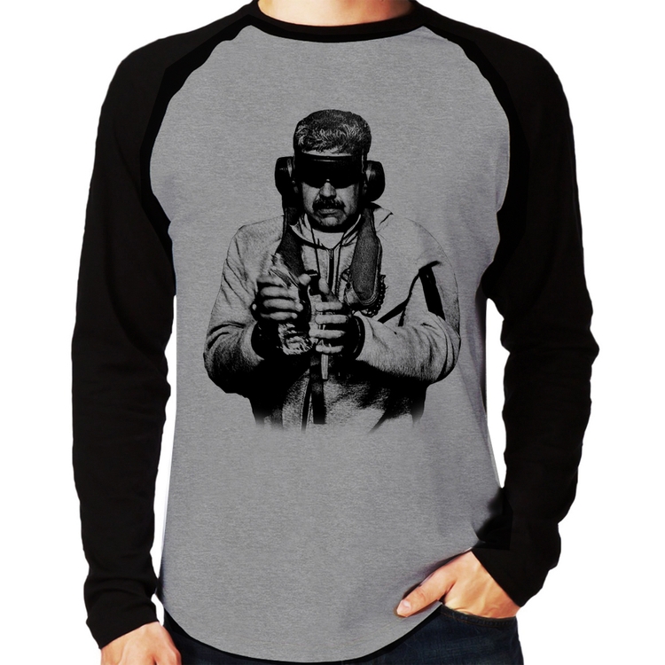 Camiseta Raglan Nicolás Maduro Preso Manga Longa - Cinza/Preto
