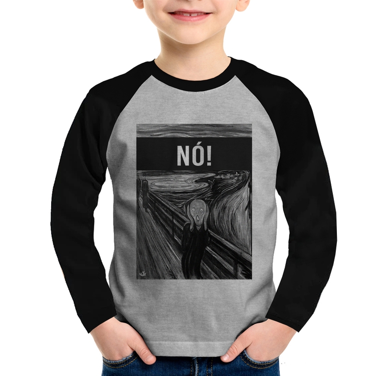 Camiseta Raglan Infantil NÓ! Manga Longa - Cinza/Preto