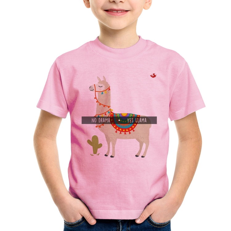 Camiseta Infantil No Drama Yes Llama - Rosa Bebê