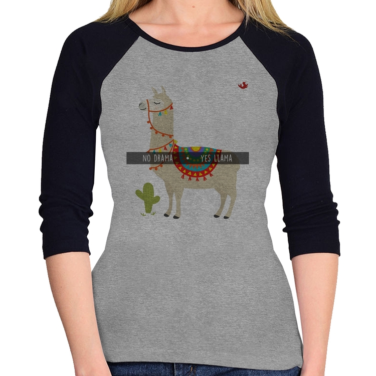 Baby Look Raglan No Drama Yes Llama Manga 3/4 - Cinza/Preto