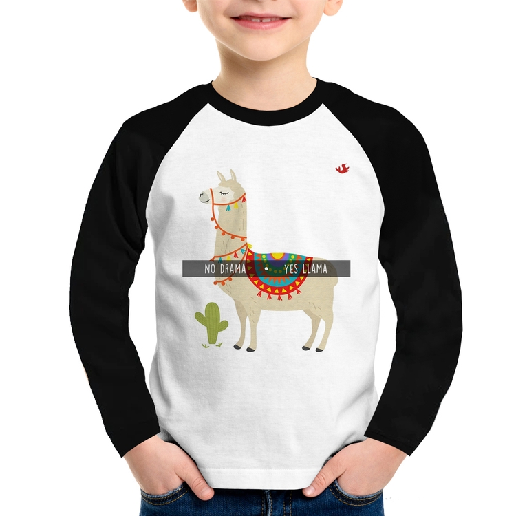 Camiseta Raglan Infantil No Drama Yes Llama Manga Longa