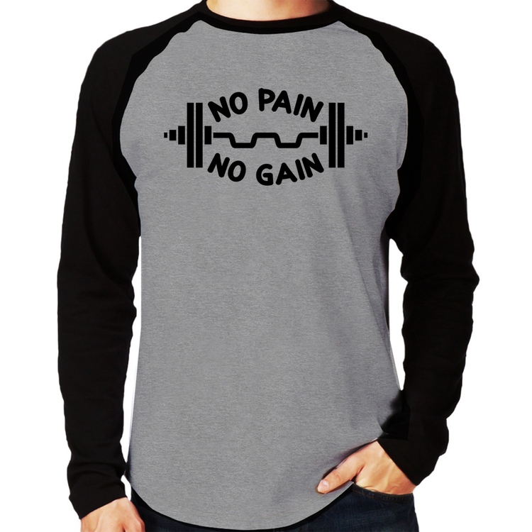 Camiseta Raglan No Pain No Gain Manga Longa - Cinza/Preto