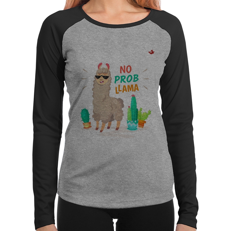 Baby Look Raglan No prob llama Manga Longa - Cinza/Preto