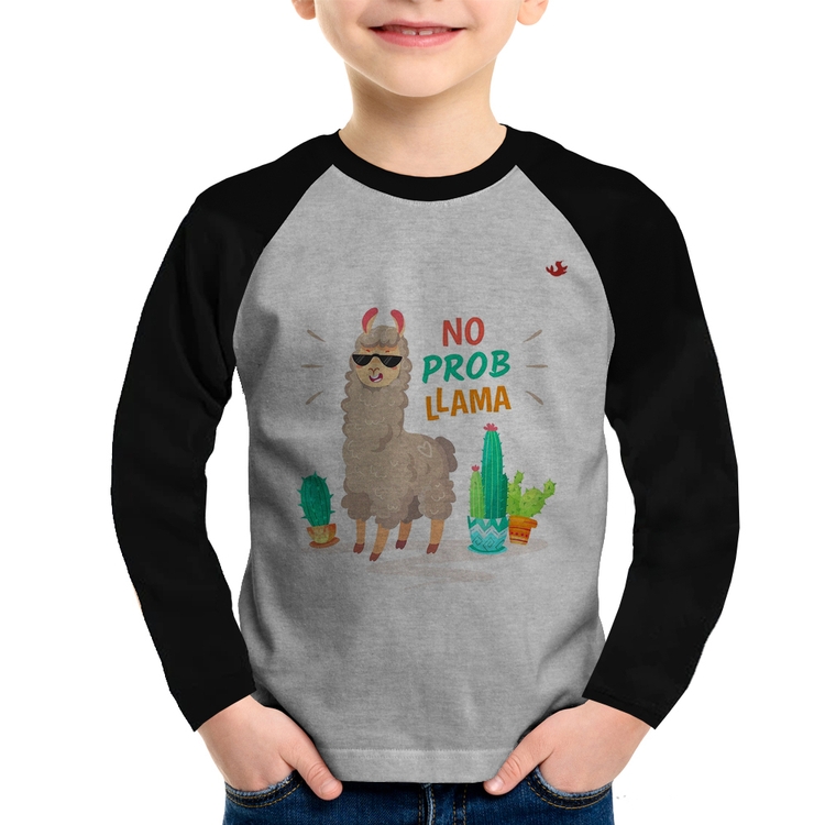 Camiseta Raglan Infantil No prob llama Manga Longa - Cinza/Preto