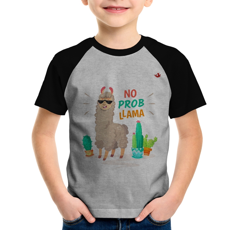 Camiseta Raglan Infantil No prob llama - Cinza/Preto
