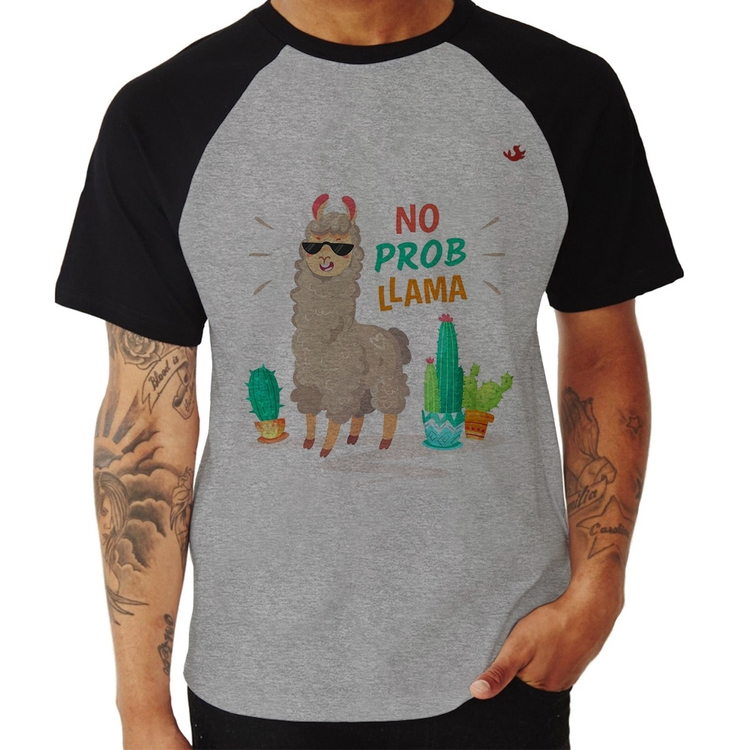 Camiseta Raglan No prob llama - Cinza/Preto