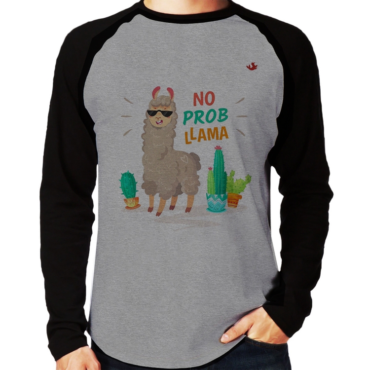 Camiseta Raglan No prob llama Manga Longa - Cinza/Preto