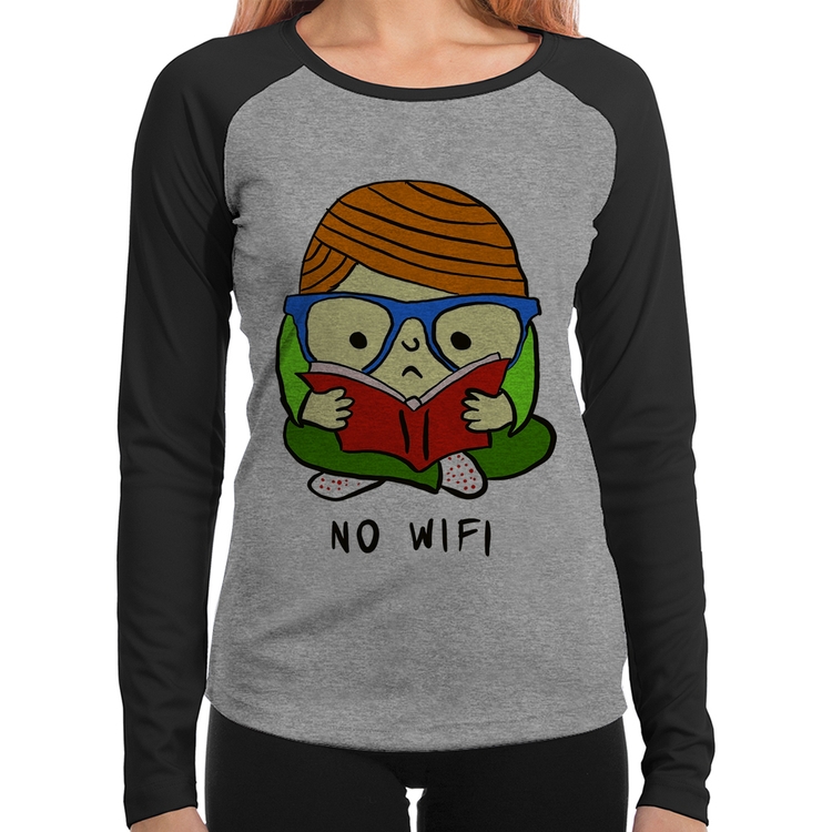 Baby Look Raglan No Wifi Manga Longa - Cinza/Preto