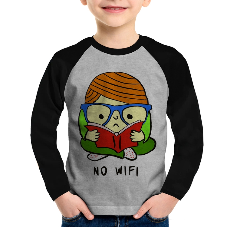 Camiseta Raglan Infantil No Wifi Manga Longa - Cinza/Preto