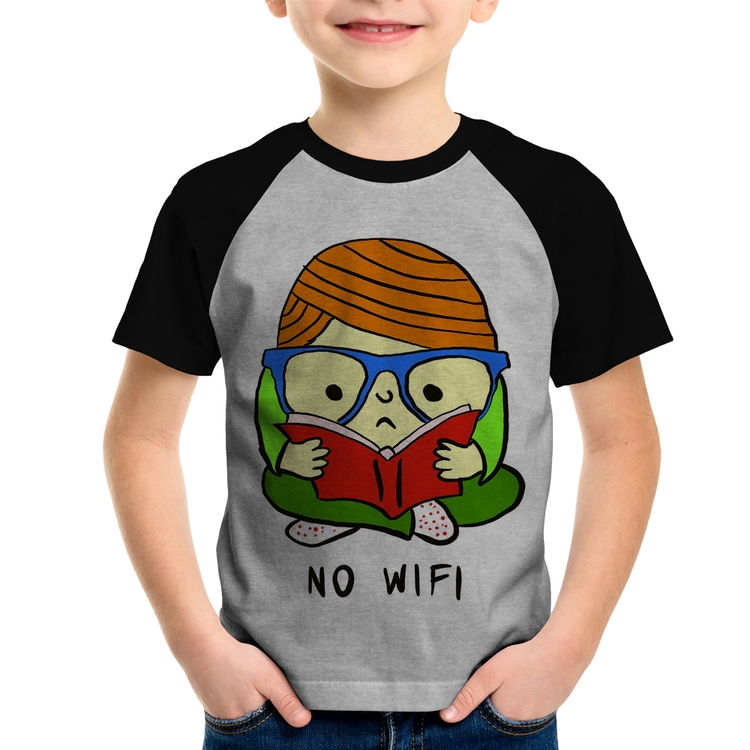 Camiseta Raglan Infantil No Wifi - Cinza/Preto
