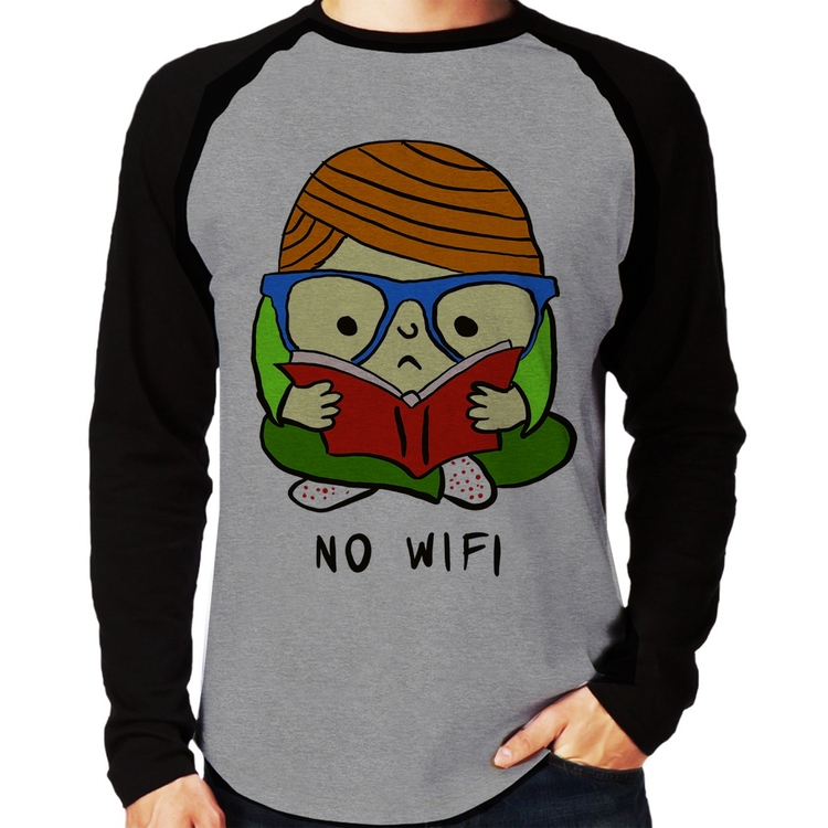 Camiseta Raglan No Wifi Manga Longa - Cinza/Preto
