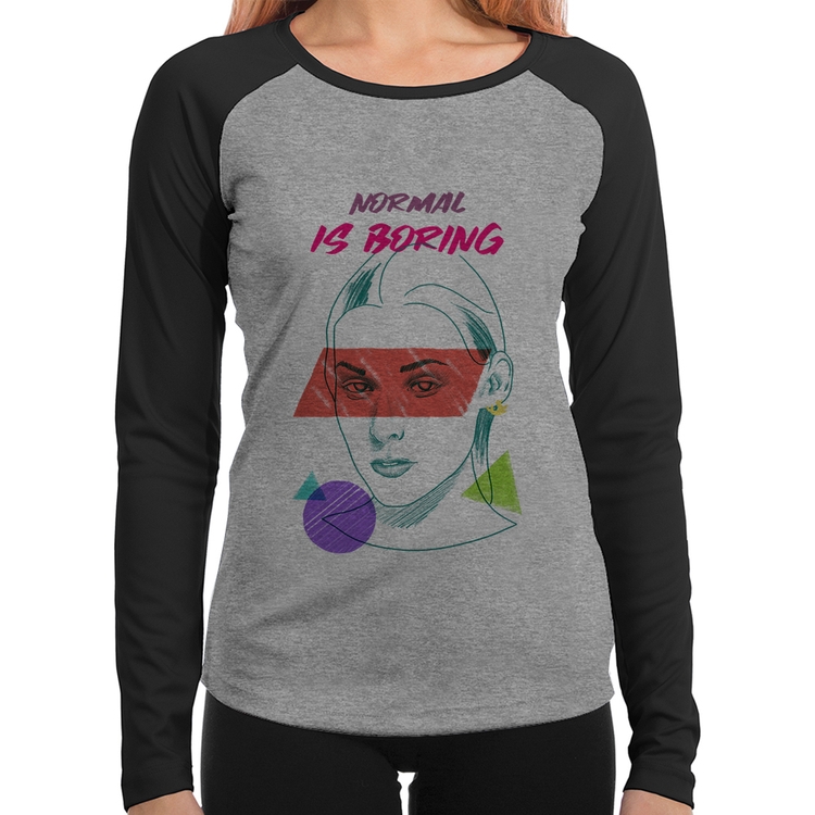 Baby Look Raglan Normal is boring Manga Longa - Cinza/Preto