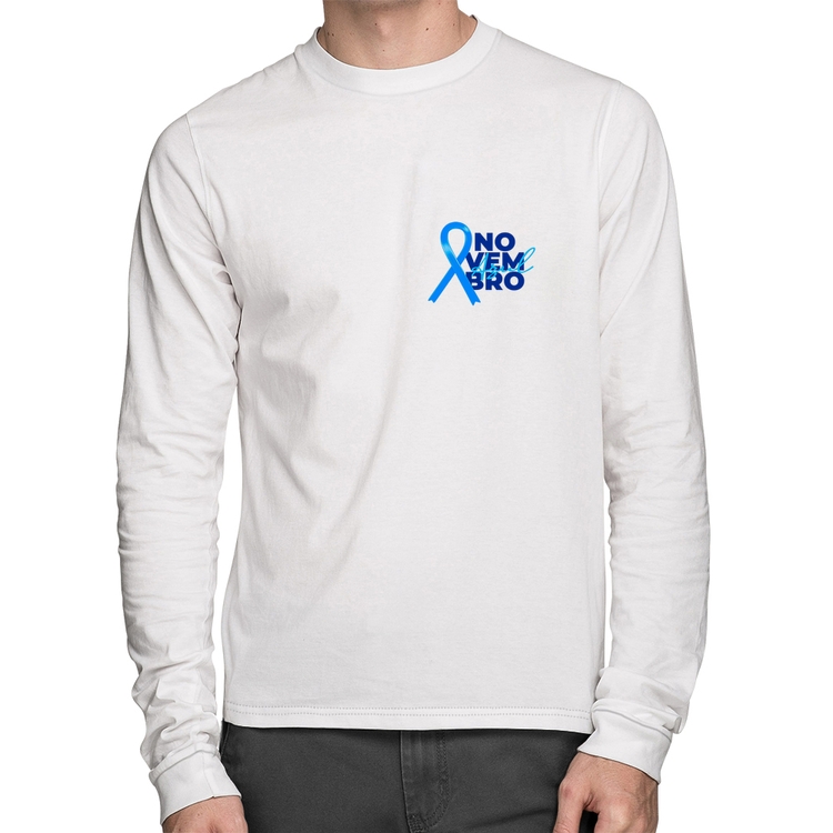 Camiseta Algodão Novembro Azul Manga Longa - Branca