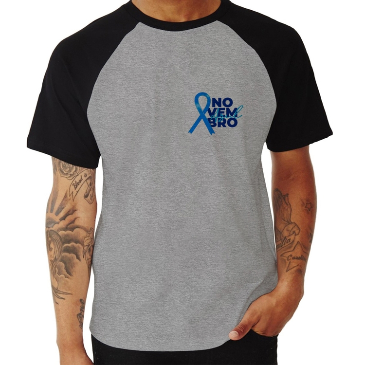 Camiseta Raglan Novembro Azul - Cinza/Preto
