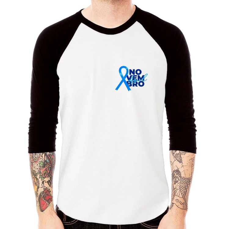 Camiseta Raglan Novembro Azul Manga 3/4