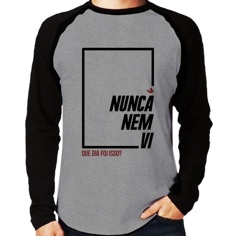 Camiseta Raglan Nunca nem vi, que dia foi isso? Manga Longa - Cinza/Preto
