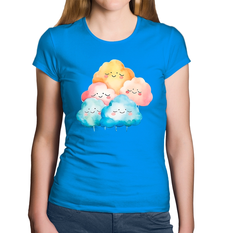 Baby Look Algodão Nuvens Felizes - Azul