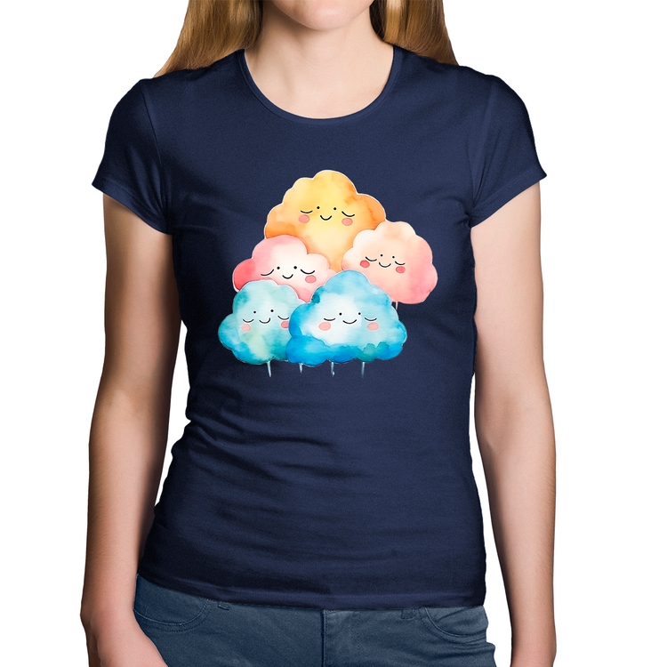 Baby Look Algodão Nuvens Felizes - Marinho