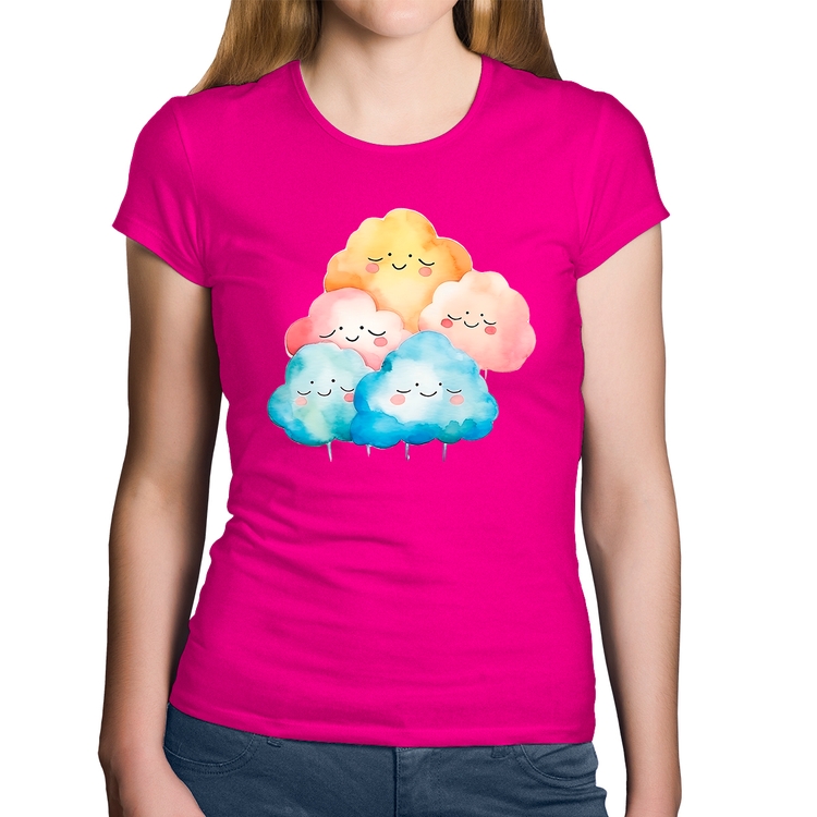 Baby Look Algodão Nuvens Felizes - Rosa