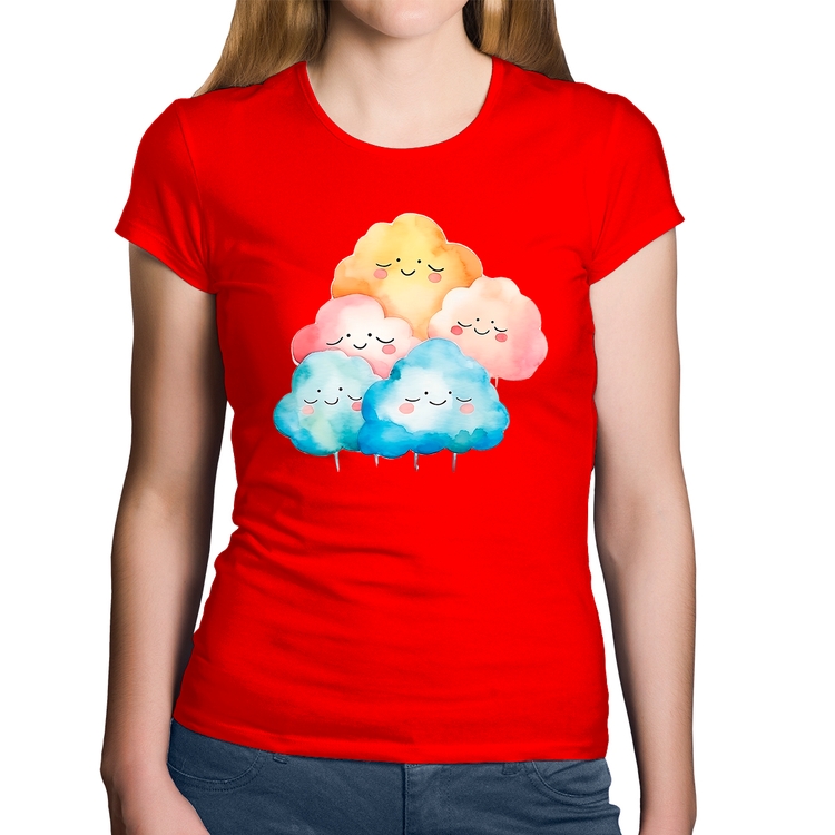 Baby Look Algodão Nuvens Felizes - Vermelha