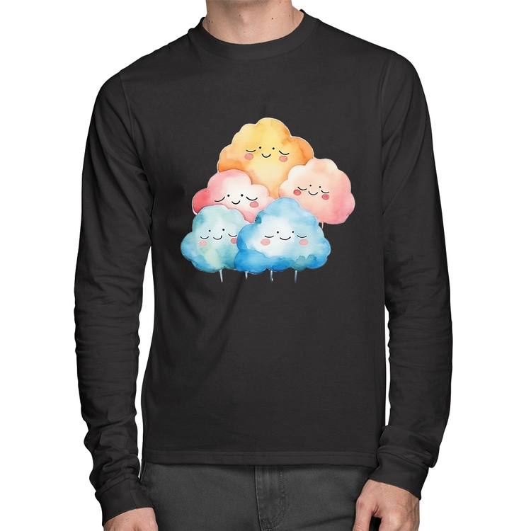 Camiseta Algodão Nuvens Felizes Manga Longa