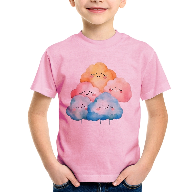 Camiseta Infantil Nuvens Felizes - Rosa Bebê