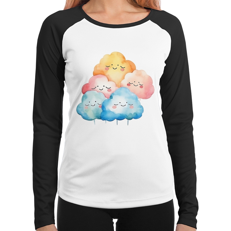 Baby Look Raglan Nuvens Felizes Manga Longa