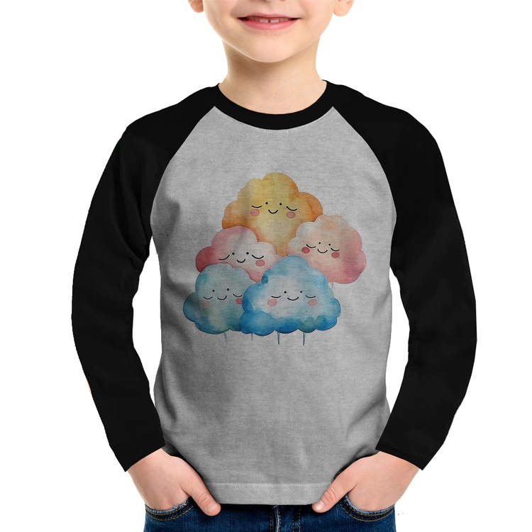 Camiseta Raglan Infantil Nuvens Felizes Manga Longa - Cinza/Preto