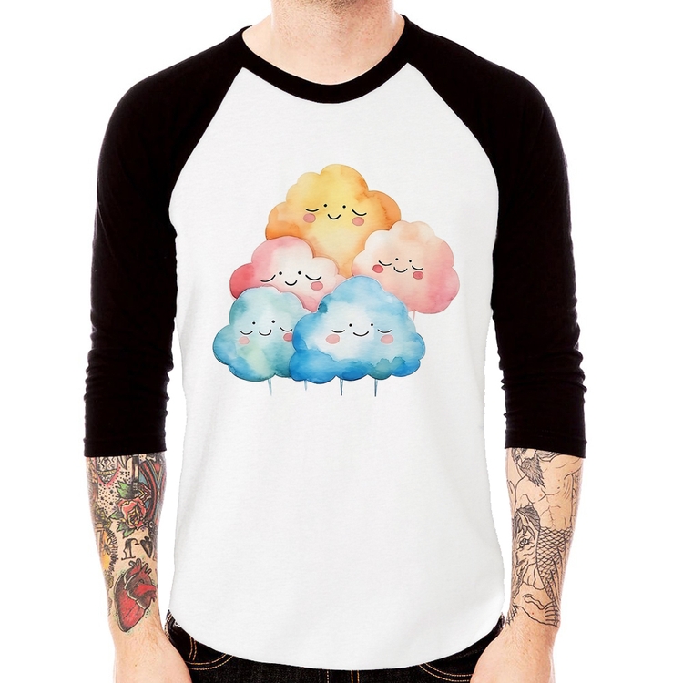 Camiseta Raglan Nuvens Felizes Manga 3/4