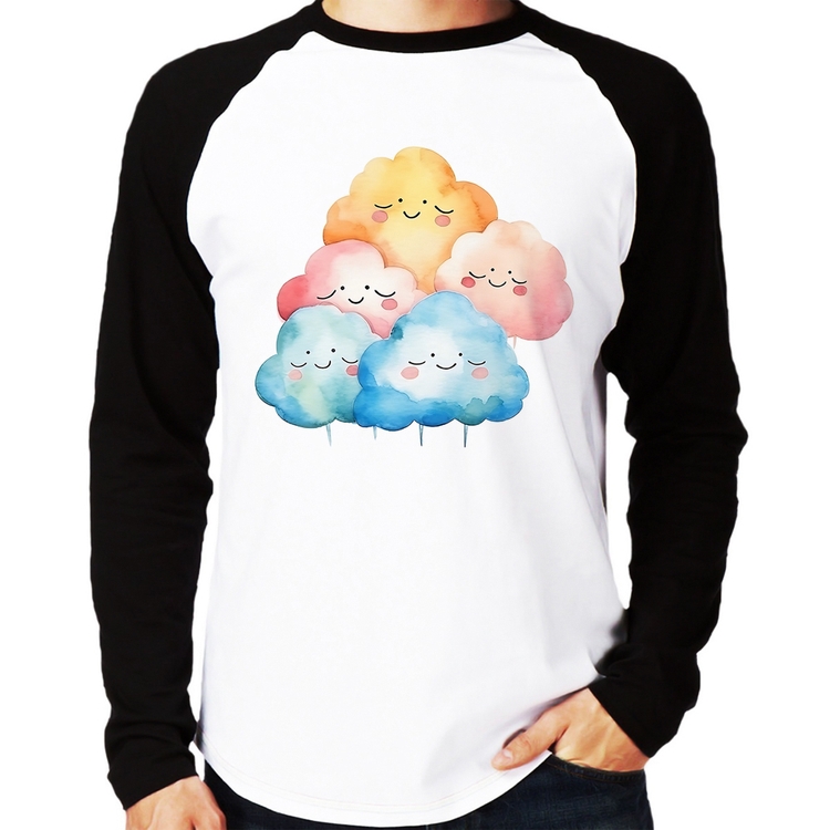 Camiseta Raglan Nuvens Felizes Manga Longa
