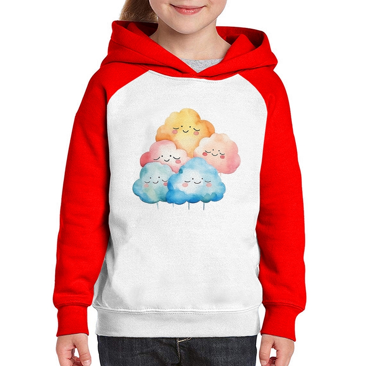 Moletom Infantil Nuvens Felizes - Branco/Vermelho