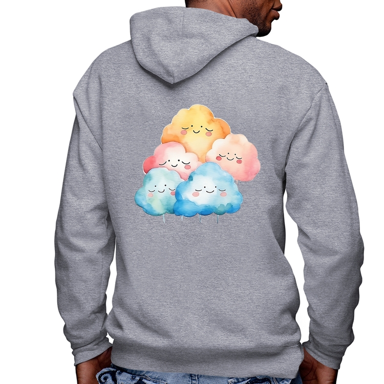Blusa Moletom Nuvens Felizes Masculina com Capuz e Zíper - Mescla