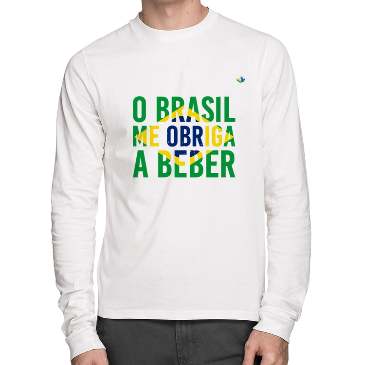 Camiseta Algodão O Brasil me obriga a beber Manga Longa - Branca